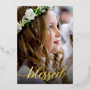 Blessed Gold First Holy Communion Photo thank you Foil Invitation