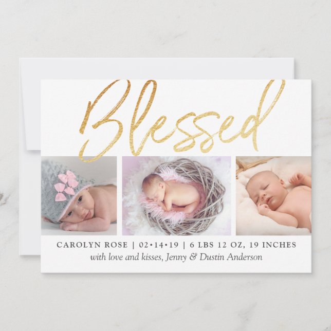 "Blessed" Gold Foil 3 Photo Birth Announcement (Front)