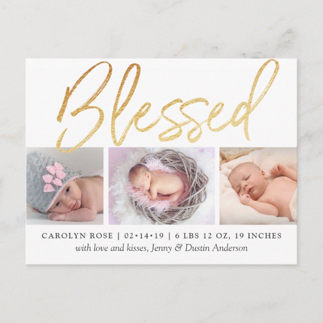 "Blessed" Gold Foil 3 Photo Birth Announcement Postcard (Front)
