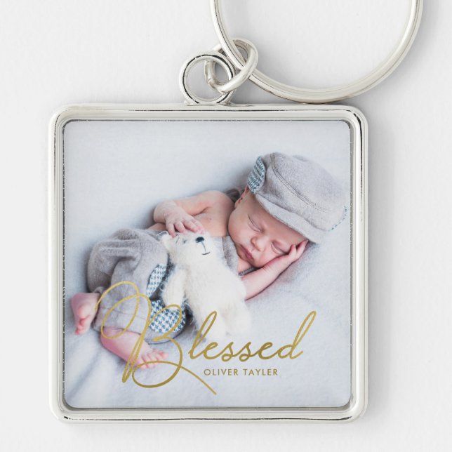 "Blessed" Gold Foil Effect Baby Personalized Keychain (Front)