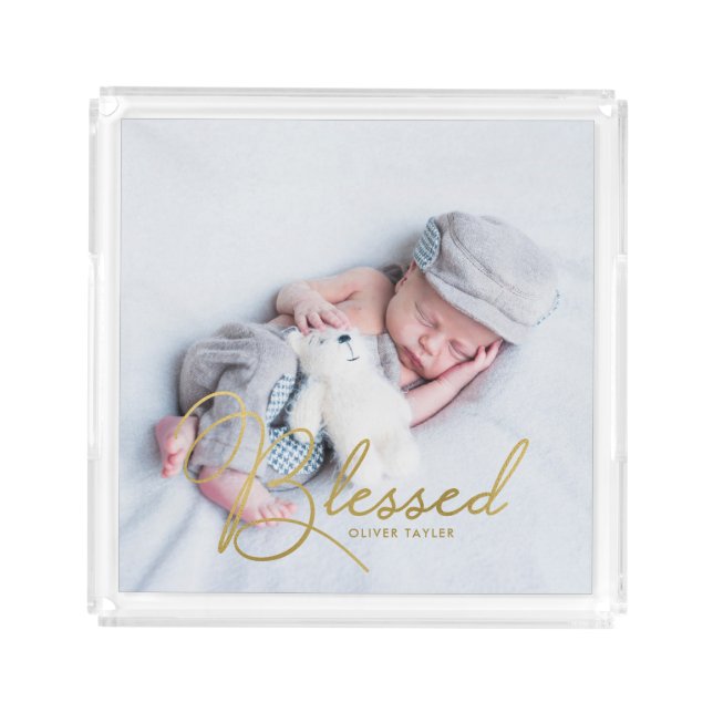 "Blessed" Gold Foil Effect Baby Personalized Photo Acrylic Tray (Front)