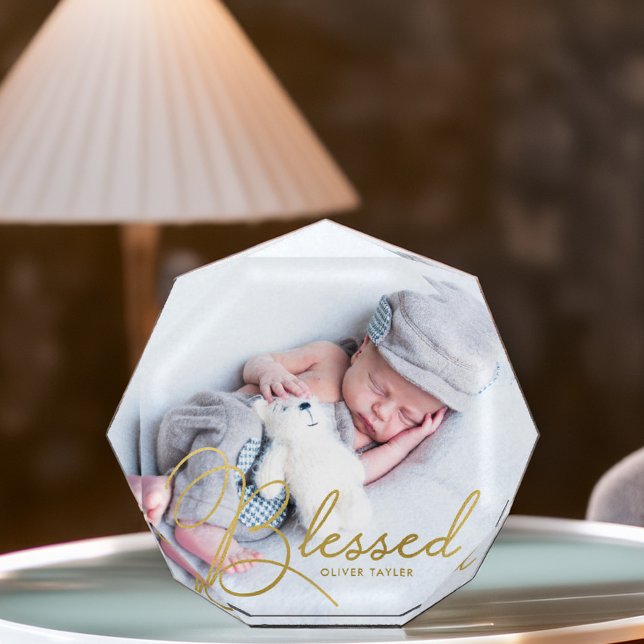 "Blessed" Gold Foil Effect Baby Personalized Photo Block (Creator Uploaded)