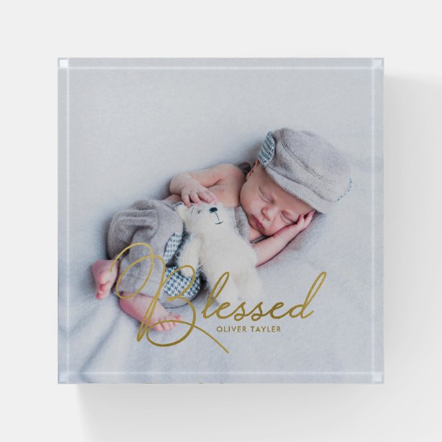 "Blessed" Gold Foil Effect Baby Personalized Photo Paperweight (Front)
