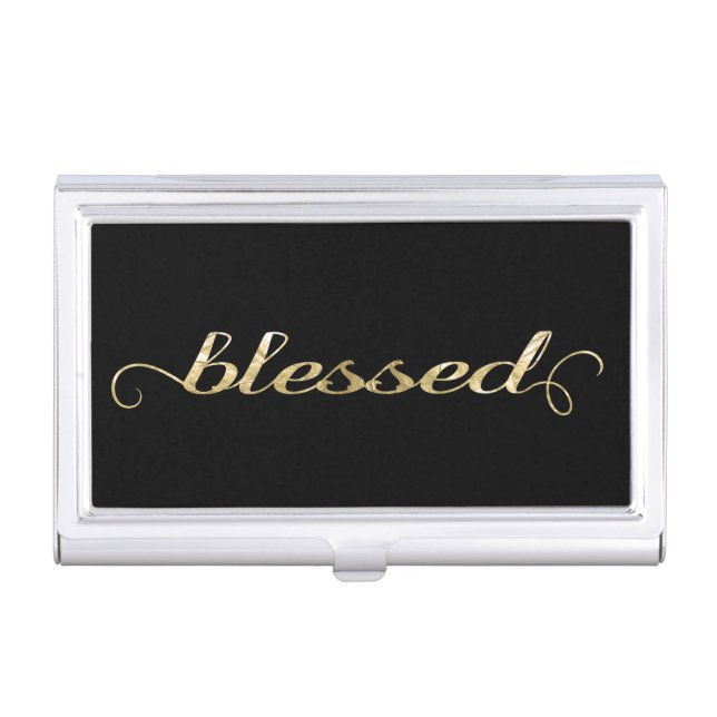 Blessed, Gold Foil-Look Inspirational Grateful Business Card Holder (Front)