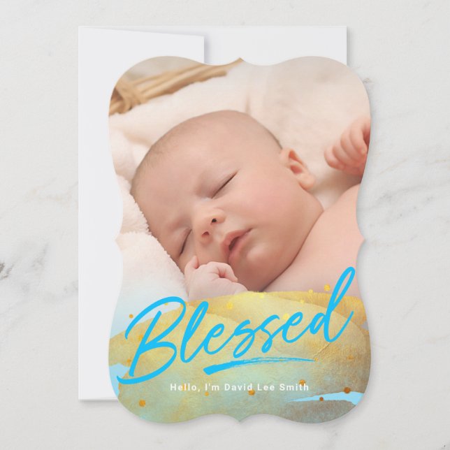 "Blessed" Gold Foil Photo Birth Announcement (Front)