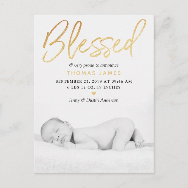 "Blessed" Gold Foil Photo Birth Announcement Postcard