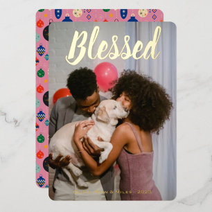 Blessed Gold Metallic Pink Christmas Vertical Foil Holiday Card
