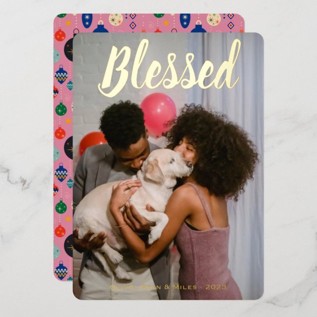 Blessed Gold Metallic Pink Christmas Vertical Foil Holiday Card (Blessed Gold Metallic Pink Christmas Vertical Foil Holiday Card)