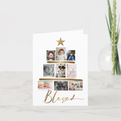 Blessed Gold Script Christmas Tree Photo Collage Holiday Card