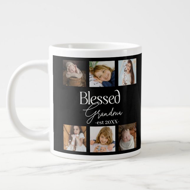 Blessed Grandma est Date with 6 Photo Collage Giant Coffee Mug (Left)
