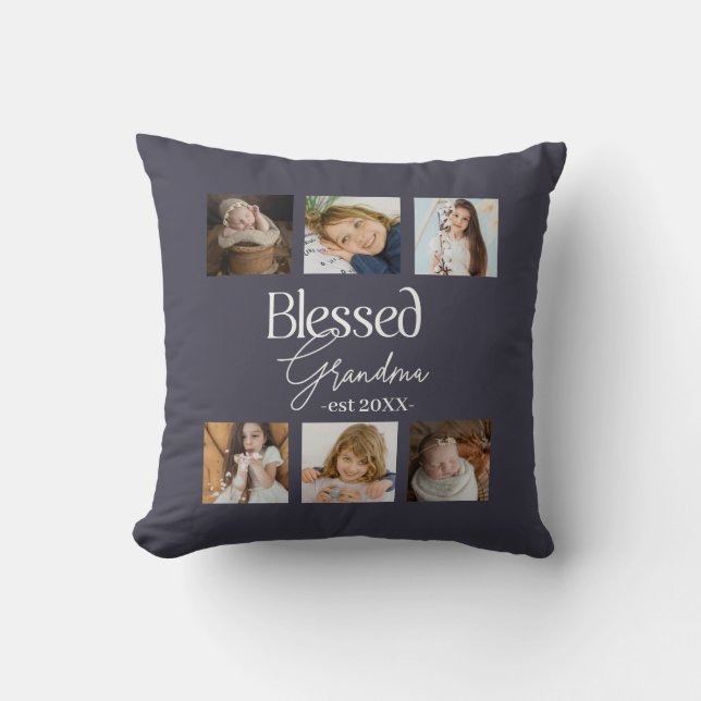 Blessed Grandma est Date with 6 photo collage Throw Pillow (Front)