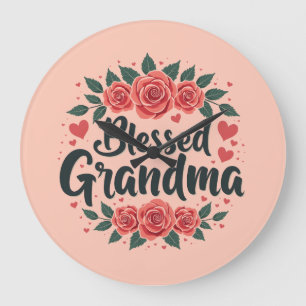 Blessed Grandma Floral Vintage Roses Typography Large Clock