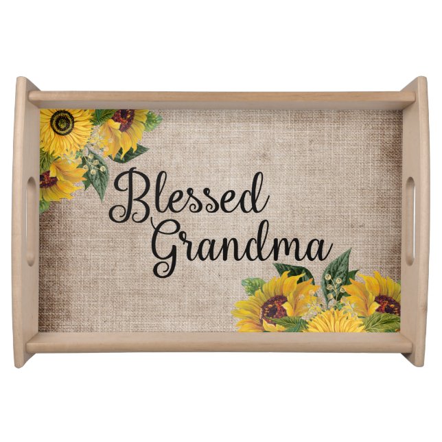Blessed Grandma Rustic Yellow Sunflowers Burlap Serving Tray (Front)