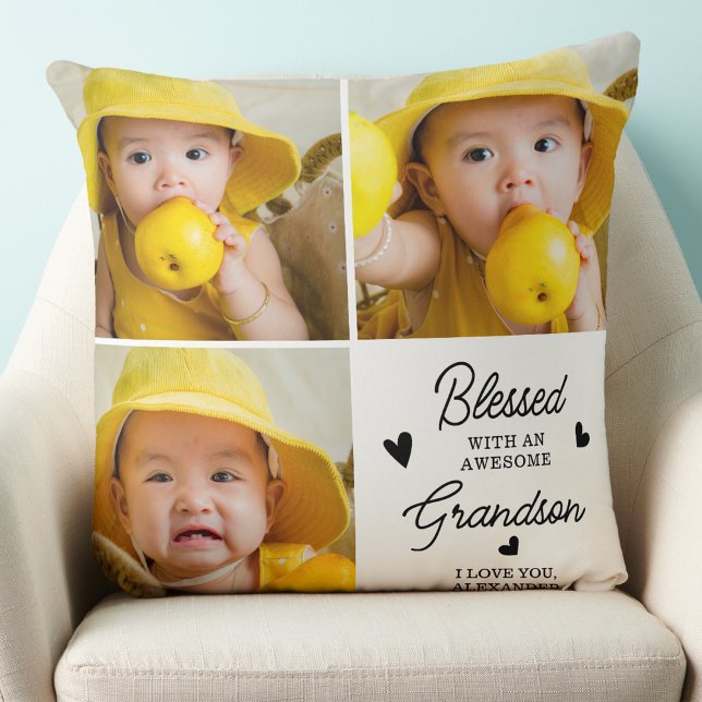 Blessed Grandparents Custom Grandson 3 Photos Throw Pillow (Creator Uploaded)