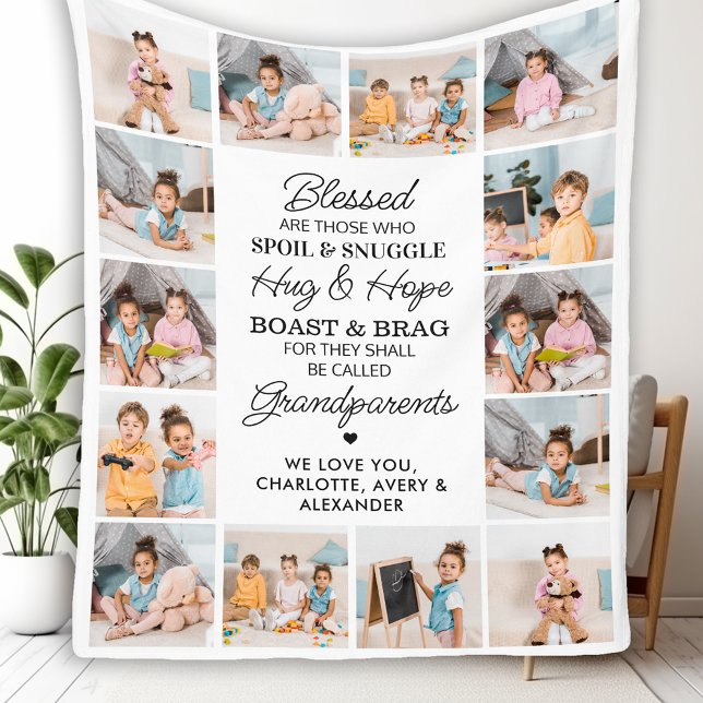 Blessed Grandparents Custom Modern Photo Collage Fleece Blanket (Creator Uploaded)