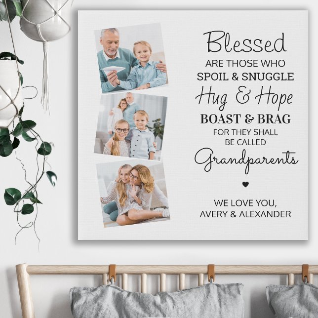 Blessed Grandparents Modern 3 Photo Collage Faux Canvas Print (Creator Uploaded)