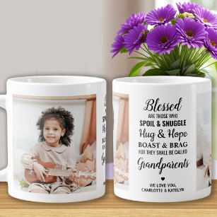Blessed Grandparents Modern Personalized 2 Photo Giant Coffee Mug