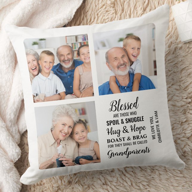 Blessed Grandparents Personalised 3 Photo Collage Throw Pillow (Creator Uploaded)