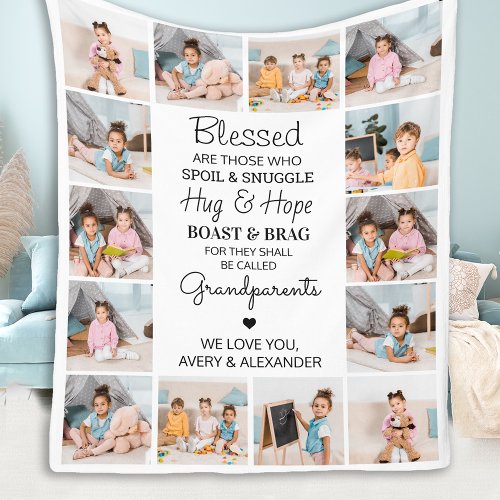 Blessed Grandparents Personalized 14 Photo Collage Fleece Blanket