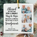 Blessed Grandparents Personalized 3 Photo Collage Ceramic Ornament<br><div class="desc">Celebrate your grandparents with a custom photo collage ornament . This unique quote grandparents ornament is the perfect gift whether its a birthday, Grandparents day or Christmas. We hope your special keepsake photo grandparents gift will become a treasured keepsake for years to come. . Quote " Blessed are those who...</div>