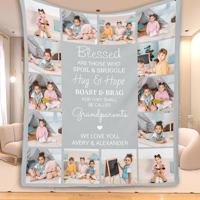 Blessed Grandparents Personalized Gray 14 Pictures Fleece Blanket (Creator Uploaded)
