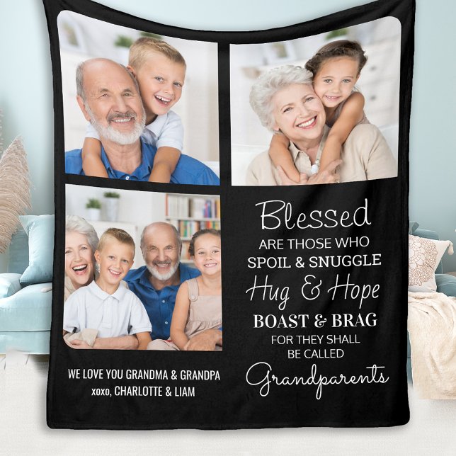 Blessed Grandparents Personalized Modern 3 Photo Fleece Blanket (Creator Uploaded)