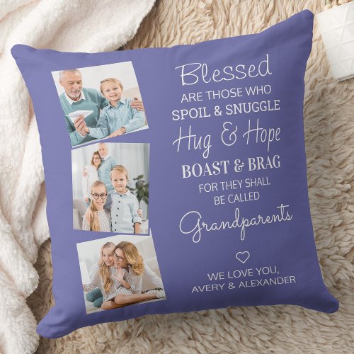 Blessed Grandparents Photo Collage Periwinkle Thro Throw Pillow