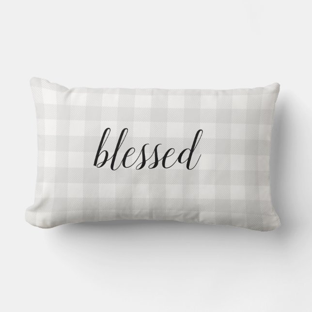 Blessed Gray Gingham Check Lumbar Pillow (Front)