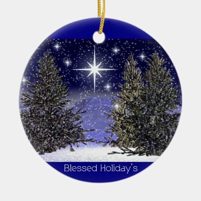 Blessed Holidays Greetings Ceramic Ornament (Front)