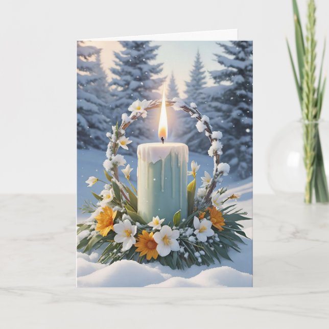 Blessed Imbolc Winter Floral Candle Wreath Wiccan Holiday Card (Front)