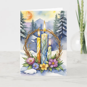 Blessed Imbolc Winter Floral Candle Wreath Wiccan Holiday Card