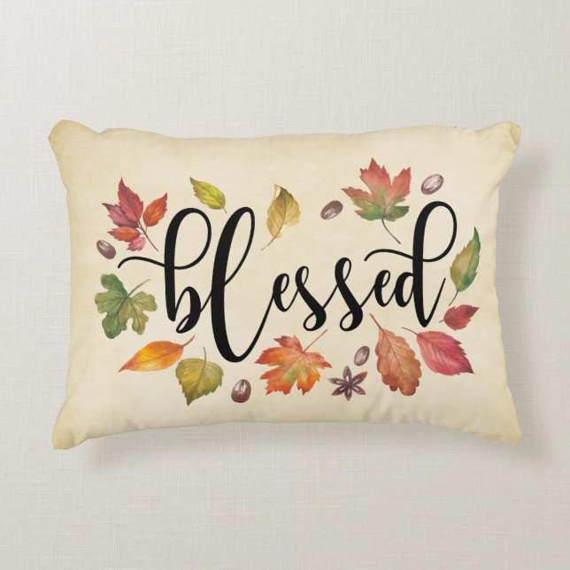 Blessed In Black Calligraphy And Autumn Leaves Accent Pillow (Front)