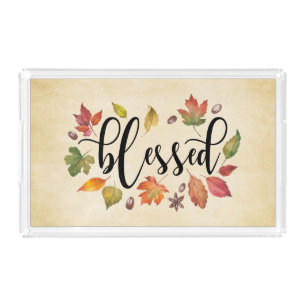 Blessed In Black Calligraphy And Autumn Leaves Acrylic Tray