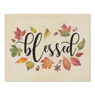 Blessed In Black Calligraphy And Autumn Leaves Faux Canvas Print