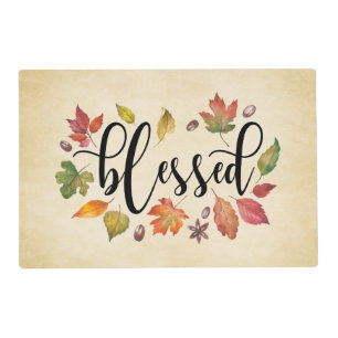 Blessed In Black Calligraphy And Autumn Leaves Placemat