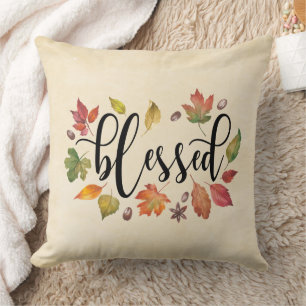 Blessed In Black Calligraphy And Autumn Leaves Throw Pillow