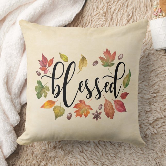 Blessed In Black Calligraphy And Autumn Leaves Throw Pillow (Blanket)