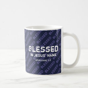 BLESSED IN JESUS' NAME Christian Scripture Blue Coffee Mug