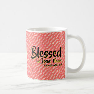 BLESSED IN JESUS' NAME Christian Scripture Coral Coffee Mug