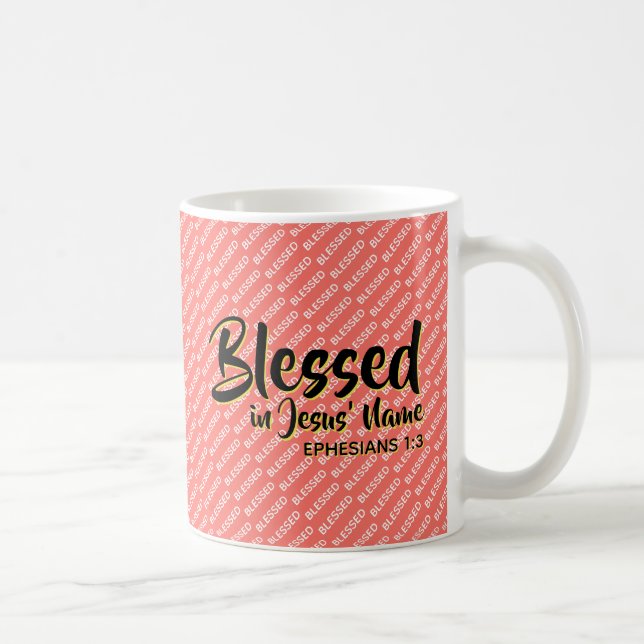 BLESSED IN JESUS' NAME Christian Scripture Coral Coffee Mug (Right)
