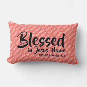 BLESSED IN JESUS' NAME Christian Scripture Coral Lumbar Pillow