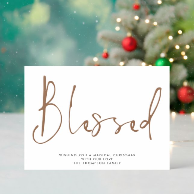 Blessed Inspiring Word Minimalist Merry Christmas Letterpress Photo Cards (Front (Into))