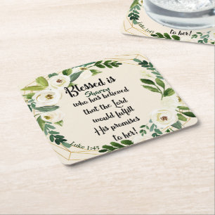 Blessed Is She Who Believed Name Christian  Square Paper Coaster