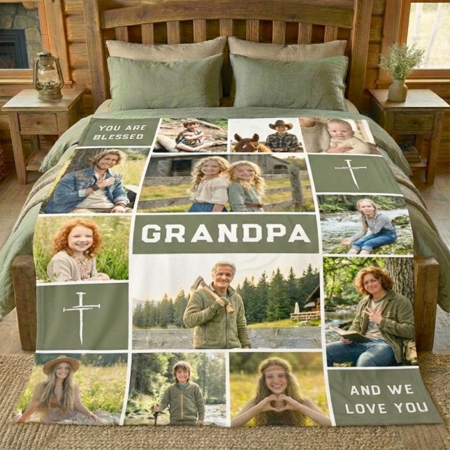 Blessed Loved Grandpa 12 Photo Collage Custom Text Fleece Blanket (Creator Uploaded)