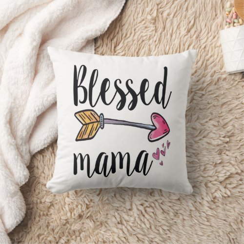Blessed Mama Hearts Arrow Boho Gift for Mom Throw Pillow