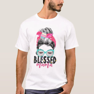 Blessed Mama Messy Bun Women Easter Mother Costum T-Shirt