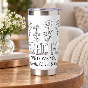 "Blessed Mama" Mother's Day Black and White Floral Insulated Tumbler