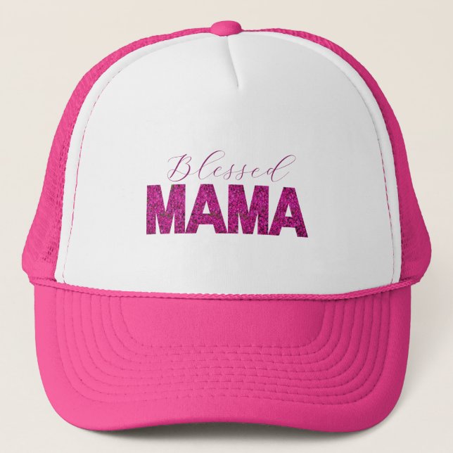 Blessed Mama Shirt with Pink Floral Text – Custom  Trucker Hat (Front)