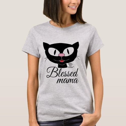 Blessed mama Smiling Cartoon Cat Womens T Shirt