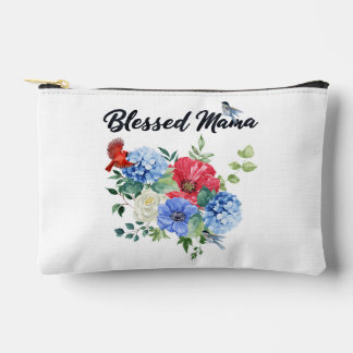 Blessed Mama with Red/White/Blue Flowers & Birds Accessory Pouch